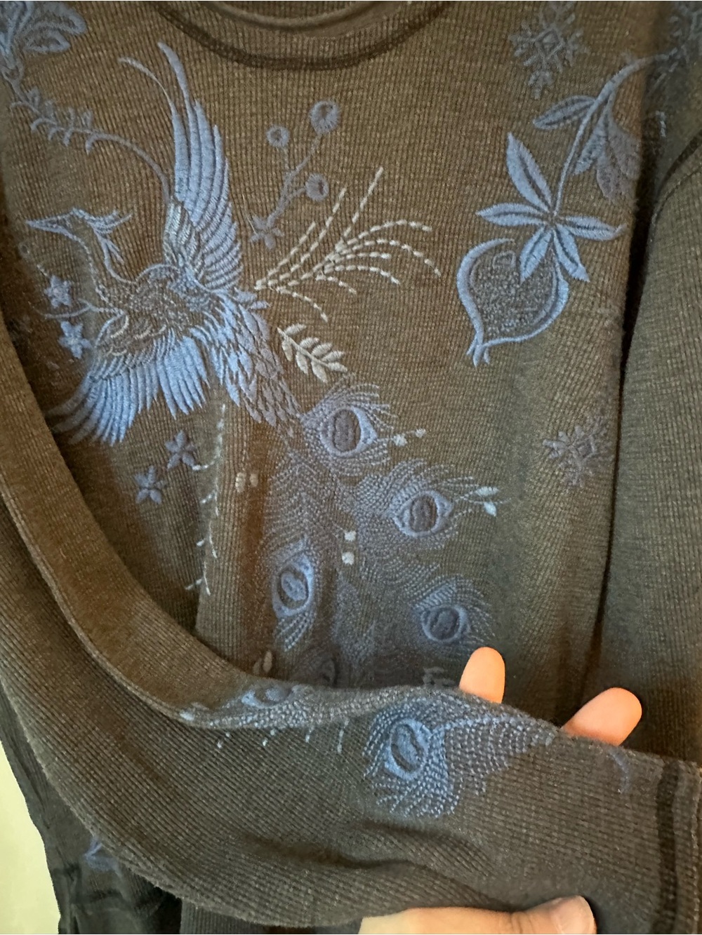 Johnny Was Shirt Gray Embroidered Peacock Floral Thermal Tunic Top Boho Large - Picture 4 of 5